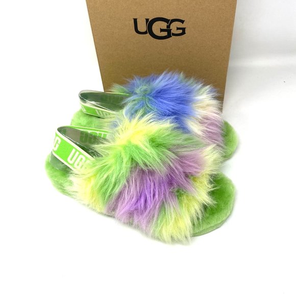 UGG FLUFF YEAH Women's Size 1117326 APL Fur Apple Green Slides Slippers Sandals - Picture 2 of 9